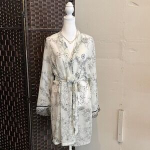 Women's Linea Donatella White and Black Floral Wrap Robe with Tie Waist